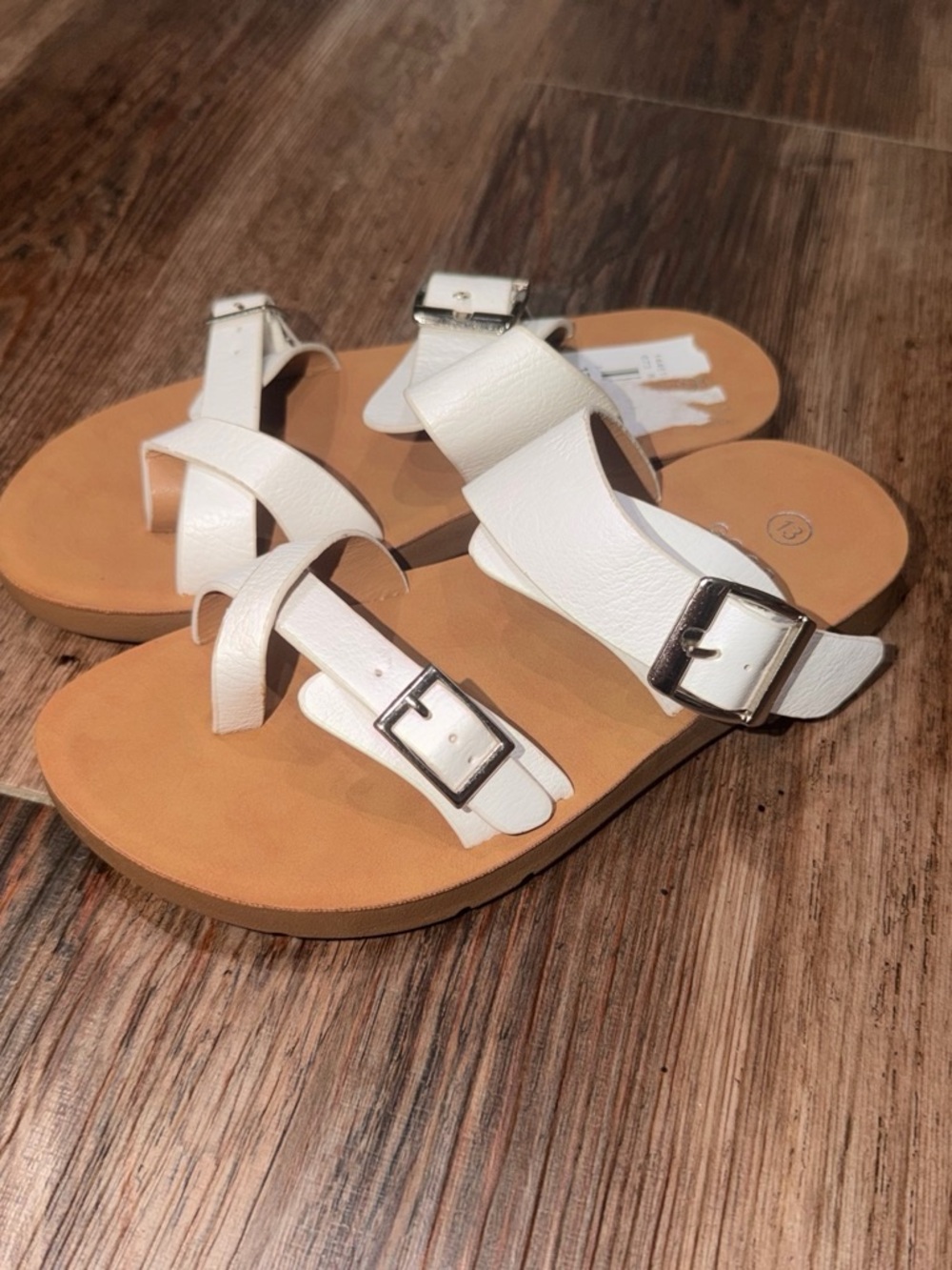 White Leather Buckle Slide Sandals for